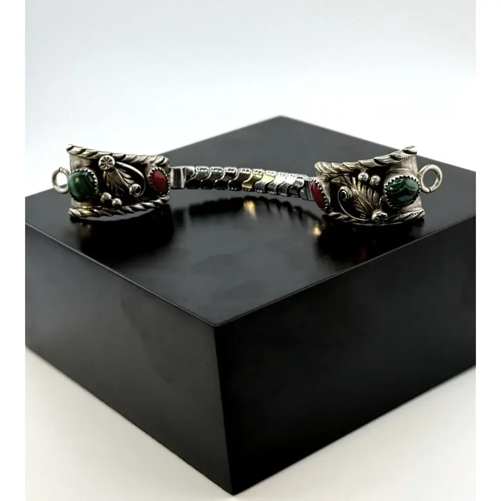 Zuni Malachite Coral Sterling Silver Watch Tip Band